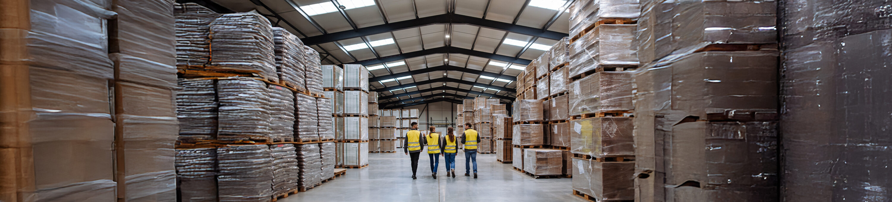 Rear,View,Of,Warehouse,Workers,Walking,In,Warehouse.,Team,Of