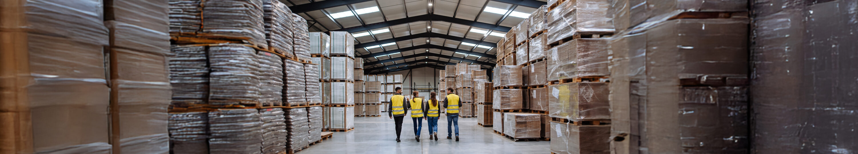 Rear,View,Of,Warehouse,Workers,Walking,In,Warehouse.,Team,Of